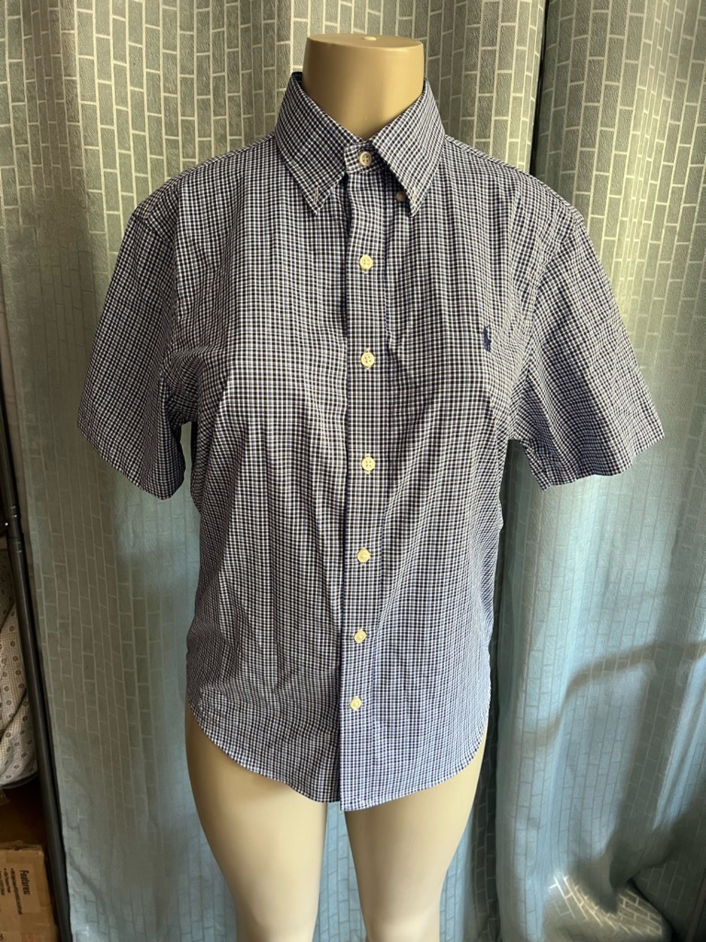 Ralph Lauren Blue and White Gingham Short-Sleeve Button-Down Shirt